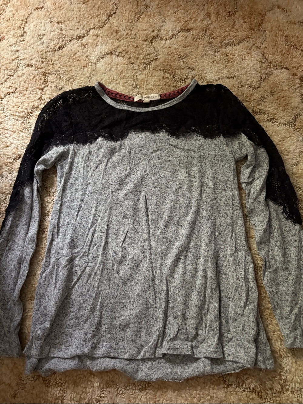 Gray Long-Sleeve Top with Black Lace